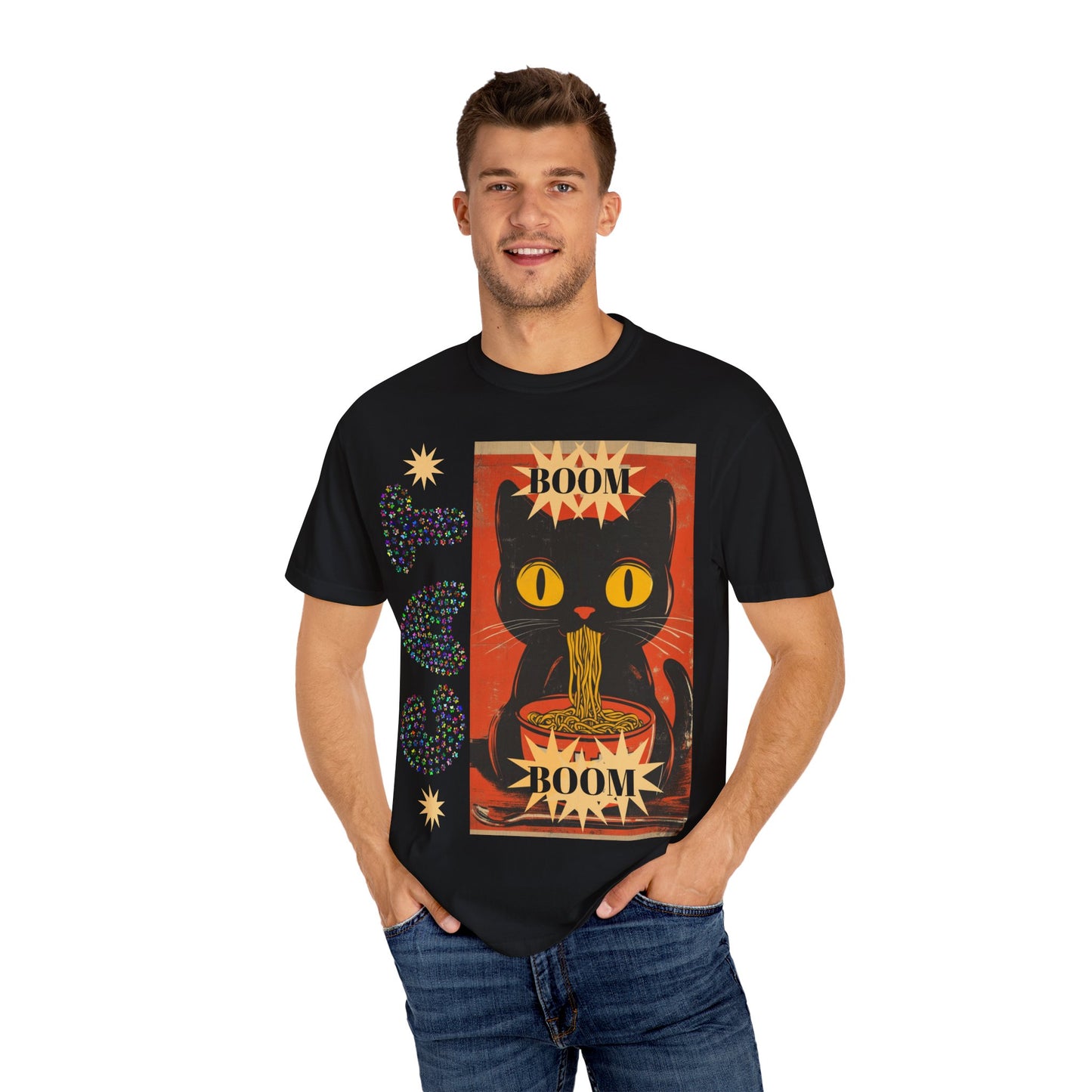 Boom Cat. Retro Cat Graphic T-Shirt, Cute Cat Tee for Food Lovers, Unique Gift for Cat Lovers, Fun Casual Wear, Vintage Style Shirt